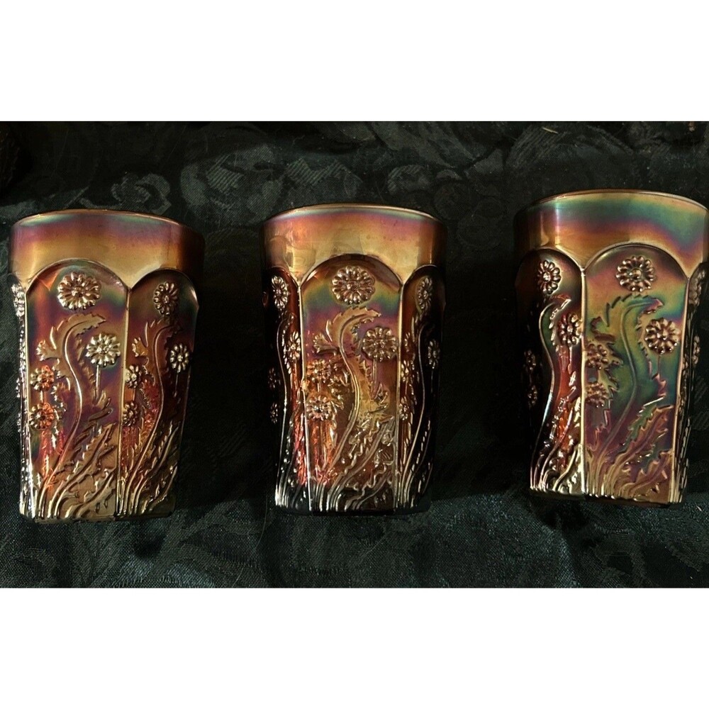Antique Fenton Paneled Dandelion Carnival Glass Tumblers Amethyst Purple Set 5 - Picture 2 of 16